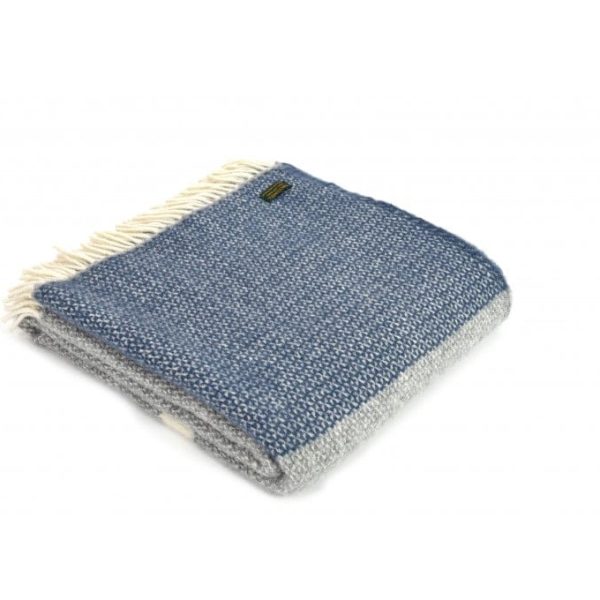 Pure New Wool Grey Illusion Throw With Blue Slate Panel