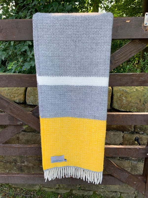 Pure New Wool Grey Illusion Throw With Yellow Panel And A Cream Stripe