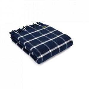 Wool Throw Chequered Check Throw in Navy